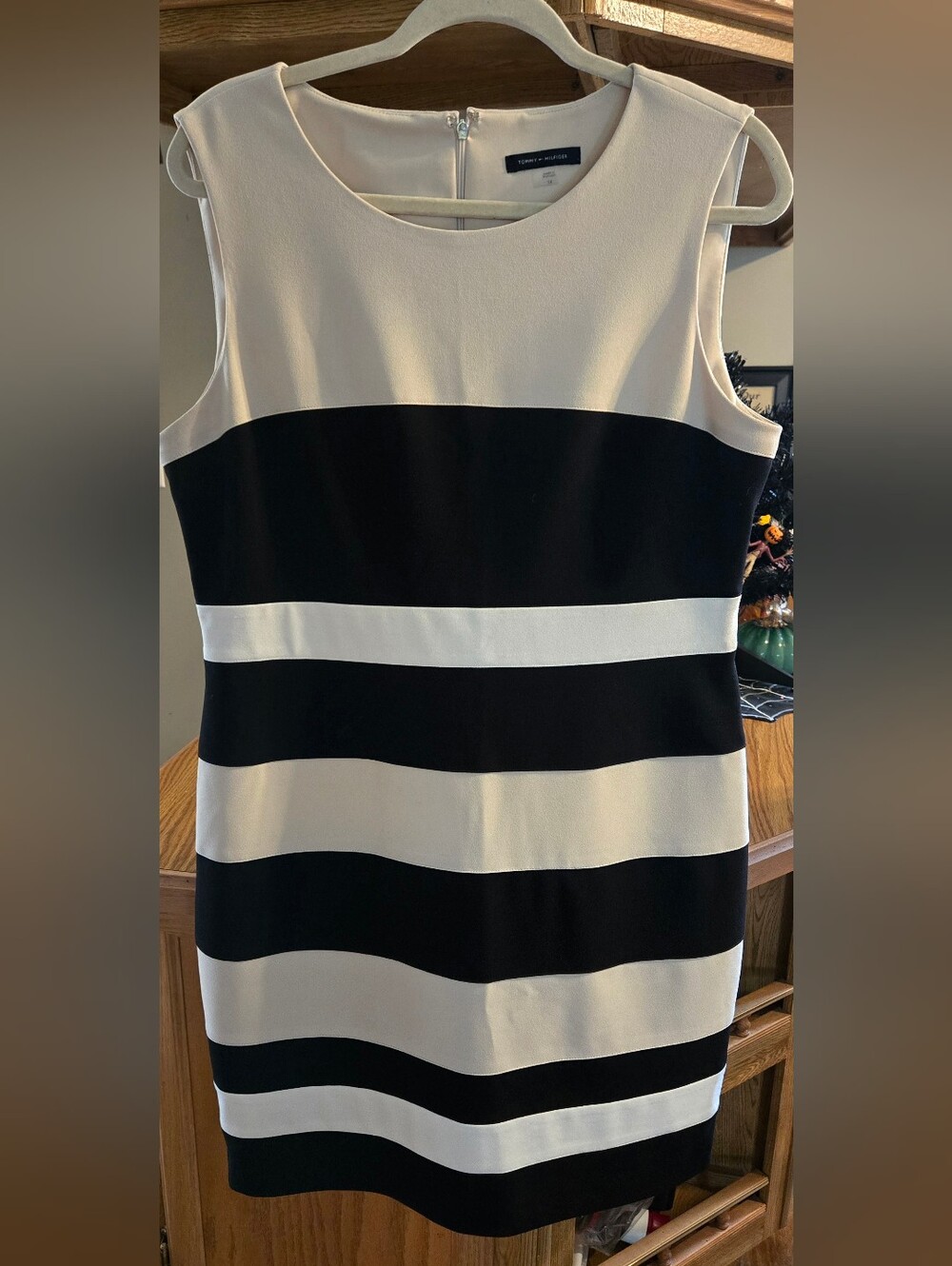 Tommy Hilfiger Sleeveless Black, White And Cream Striped Dress